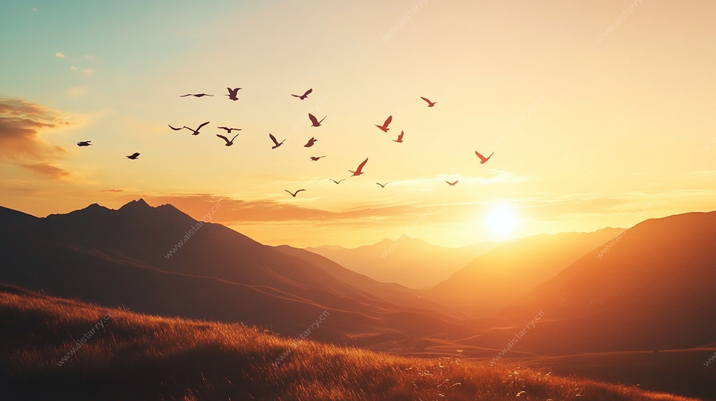 夕阳飞鸟下的壮美山峦