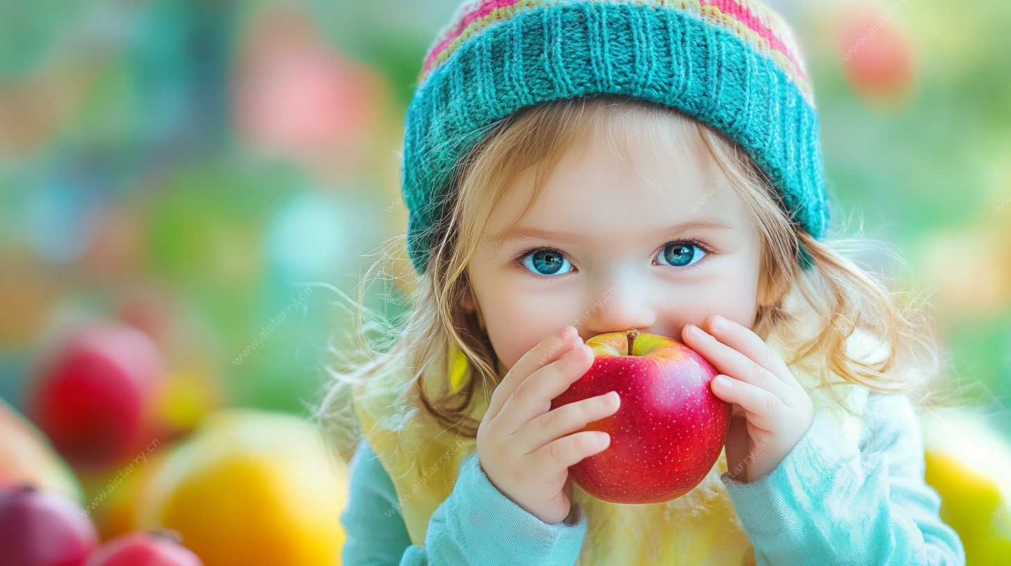 可爱萌娃咬红苹果瞬间