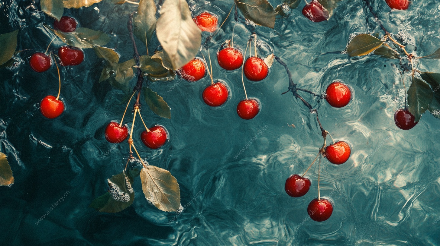 水中红樱桃与绿叶之美