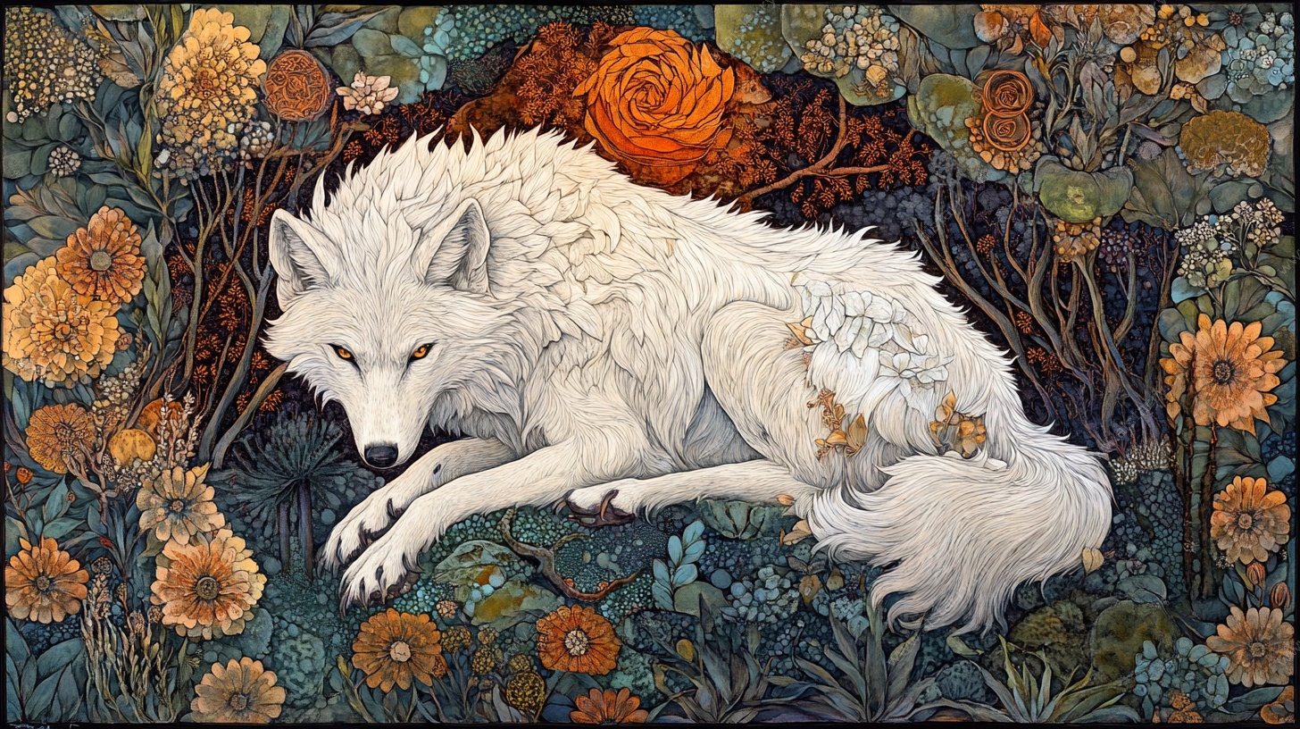 卧于花丛的白狼