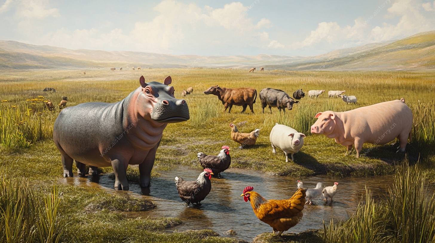 动物齐聚草原池塘场景