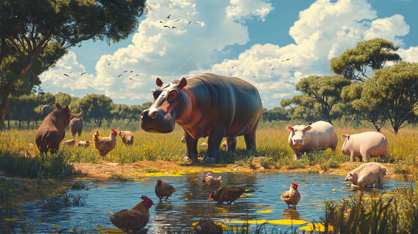 河马与家禽的和谐田园景