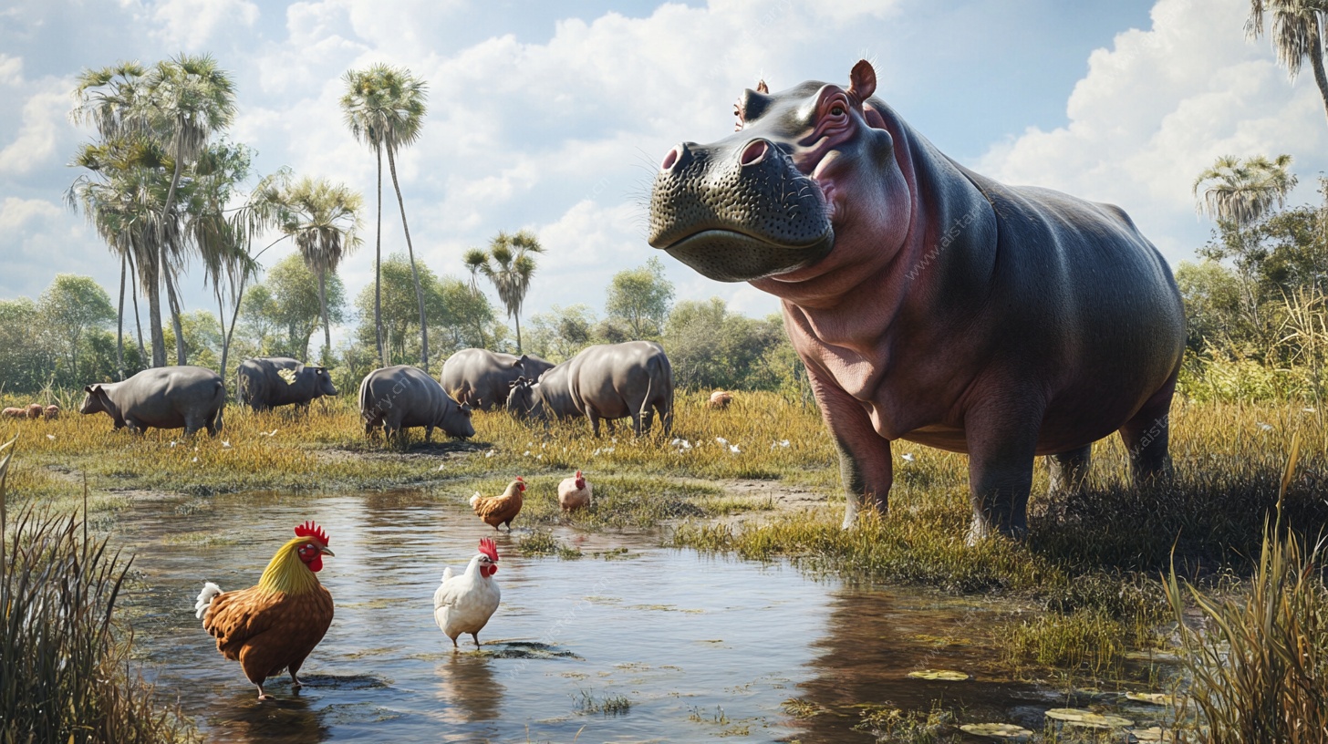 河马与鸡的奇幻湿地场景