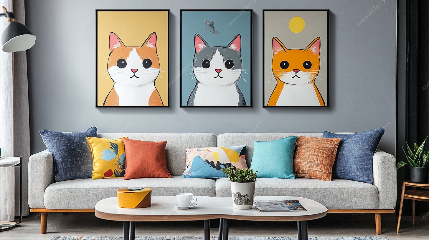 三只萌猫装饰画点亮客厅