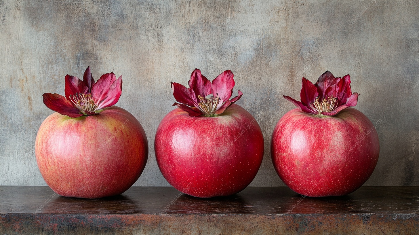 三个带花顶的红苹果静物照