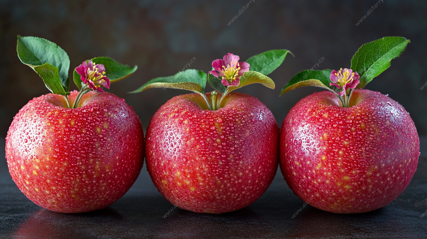 三颗带花红苹果特写