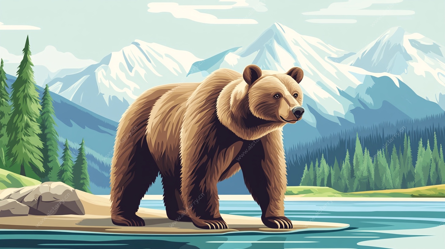 棕熊立于湖畔山林间