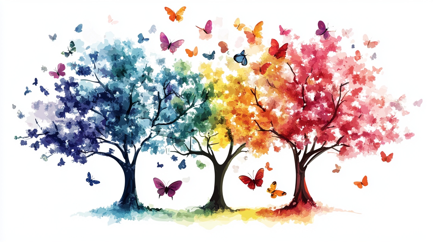 彩虹树与纷飞蝴蝶插画