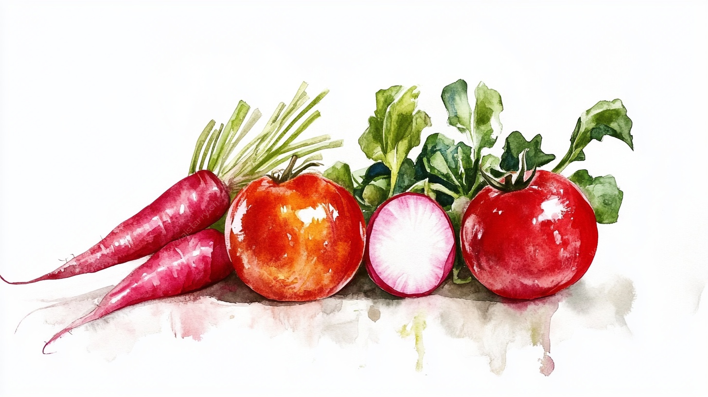 水彩绘新鲜萝卜与番茄