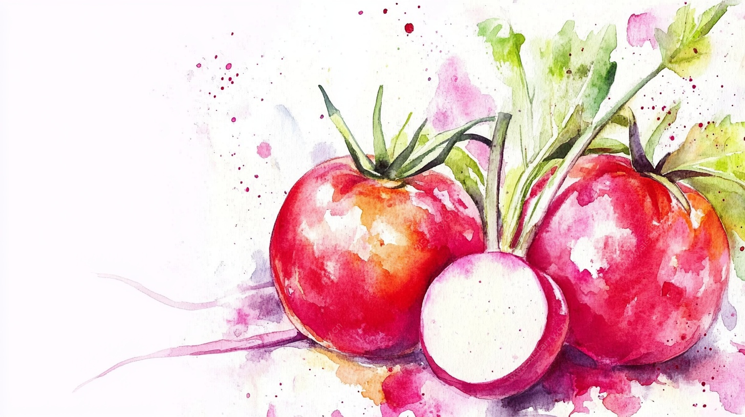 水彩绘新鲜番茄与萝卜