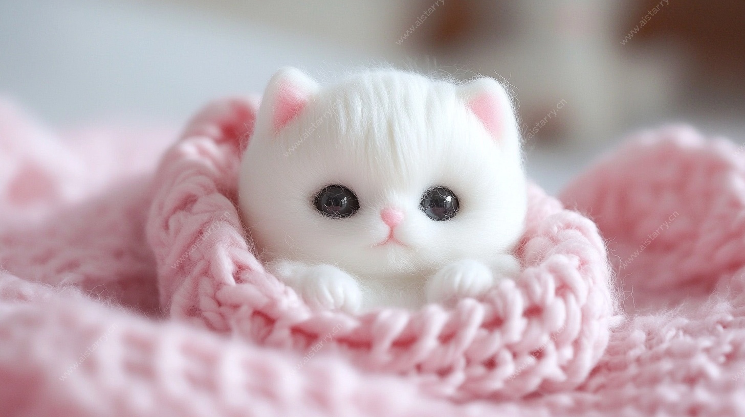 可爱小白猫蜷卧粉色织物中