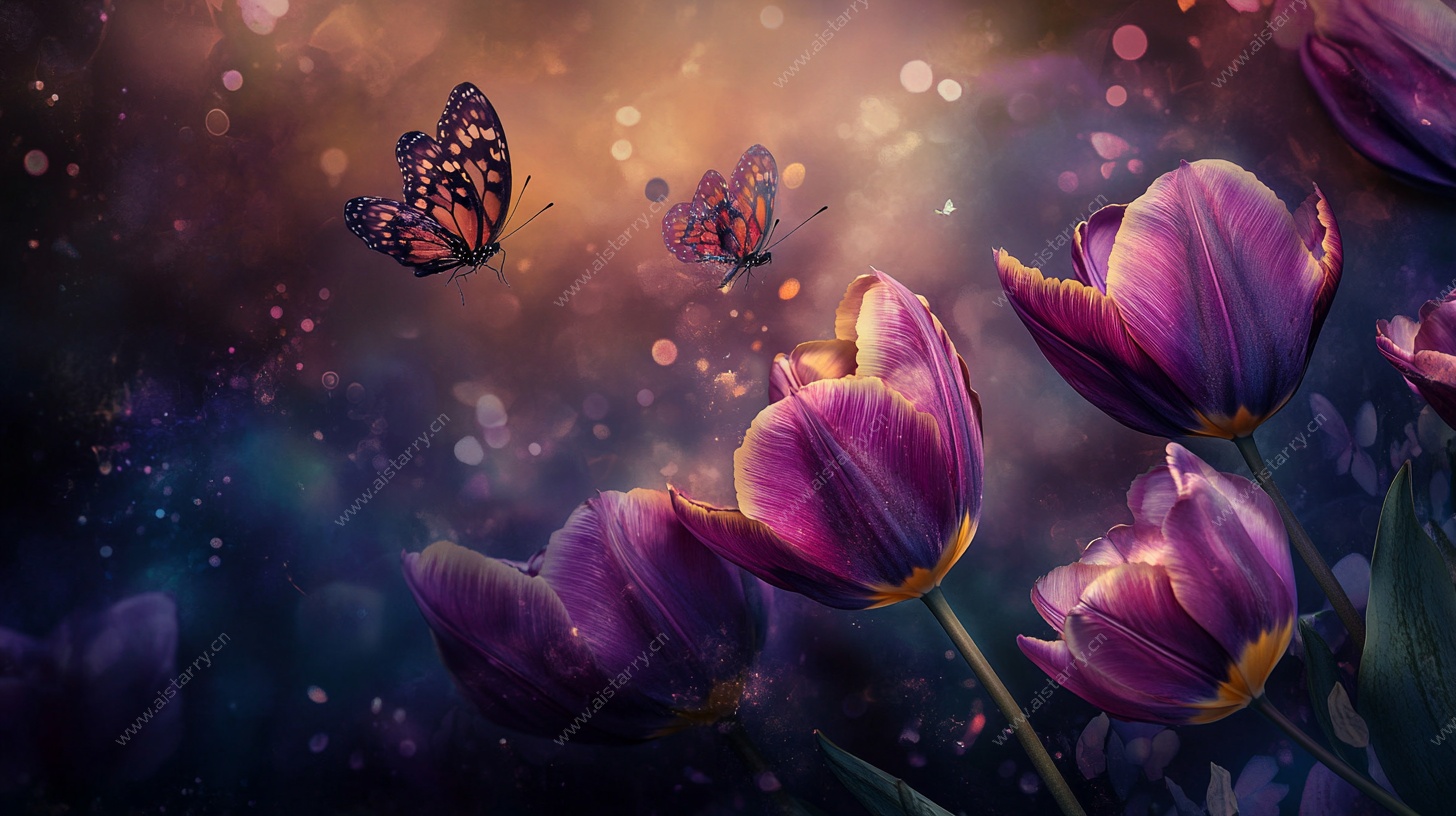 梦幻紫郁金香与蝶舞画面