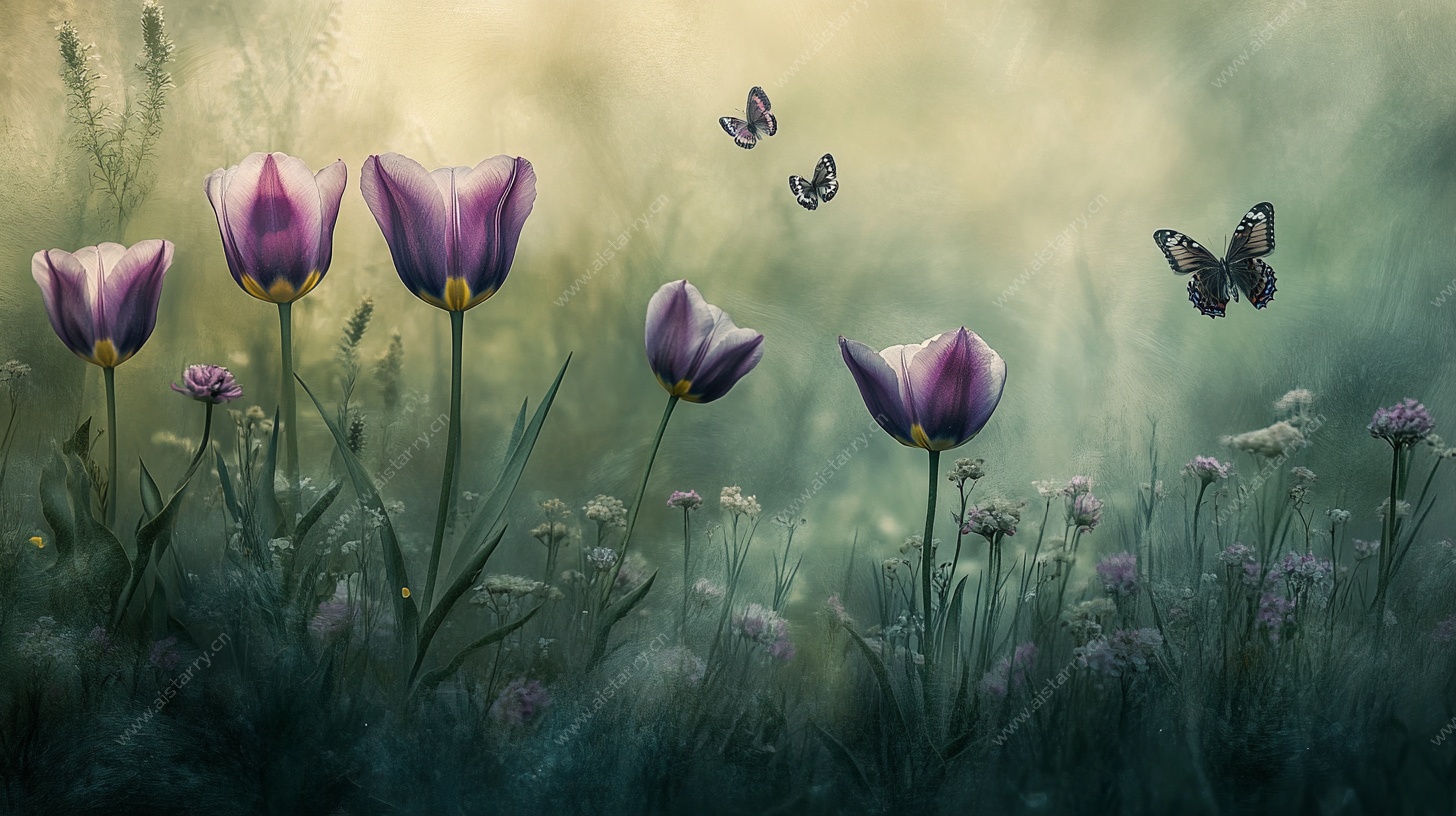 梦幻郁金香与蝶舞花田