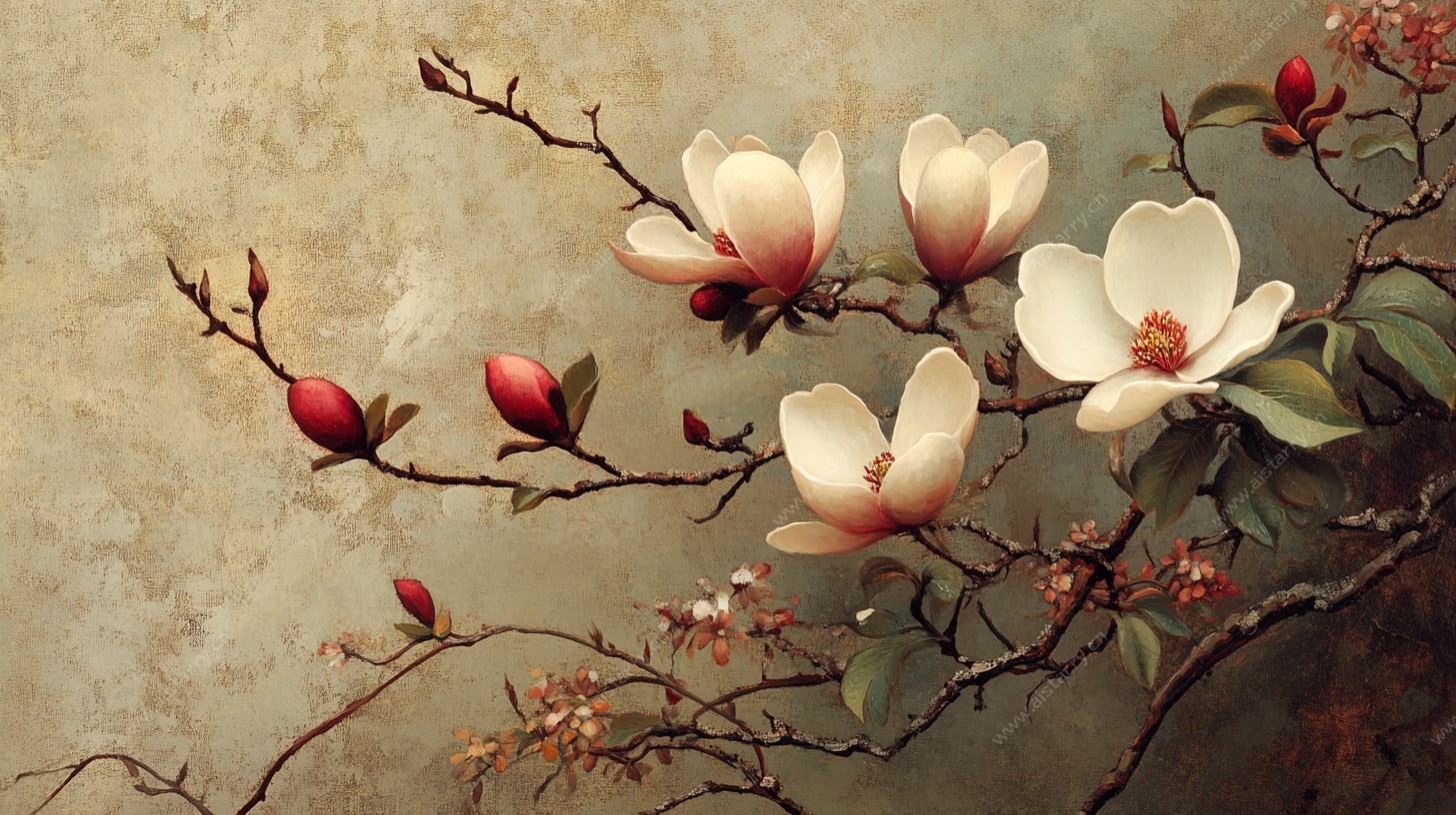 复古风玉兰花枝插画