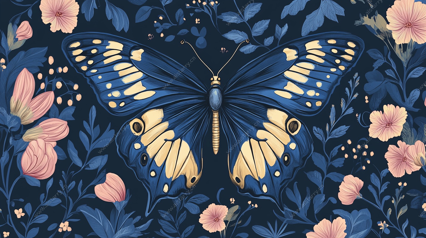 蓝底蝴蝶花卉梦幻插画