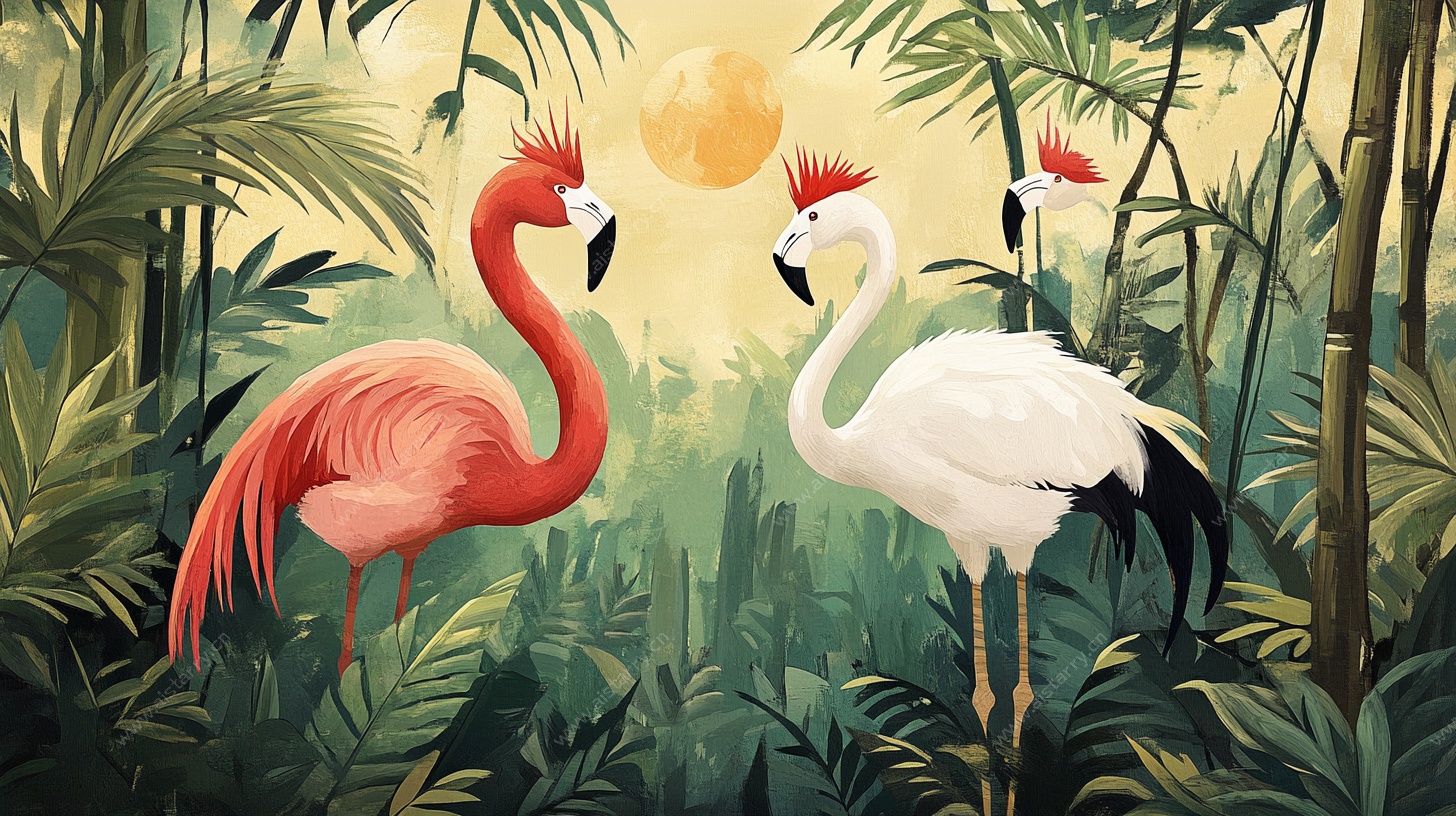 丛林中的火烈鸟与白鹤