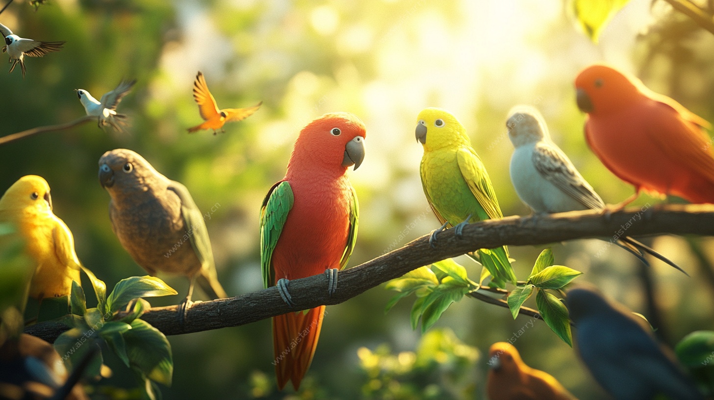 枝头多彩鹦鹉的和谐画面