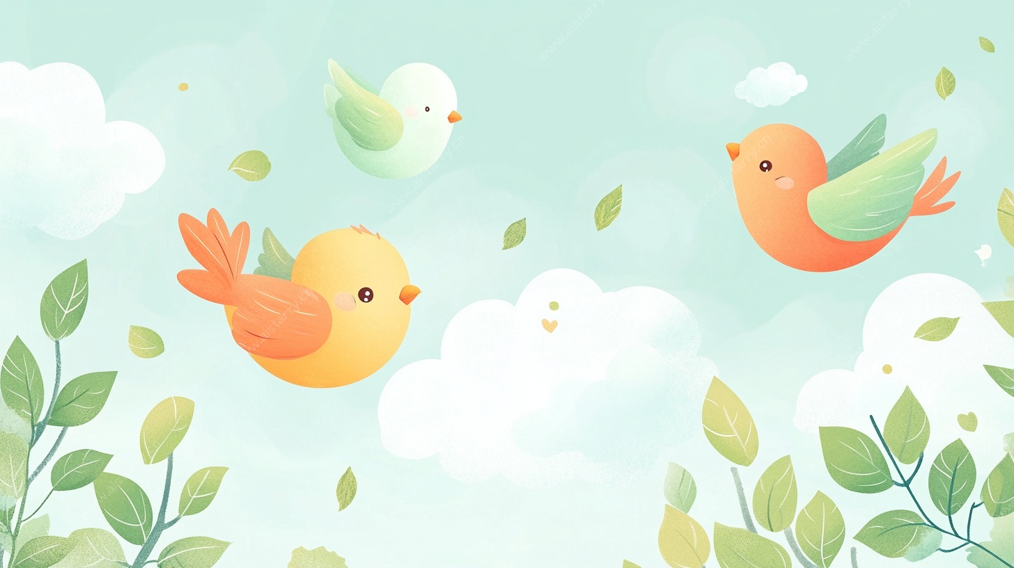 飞翔的小鸟与绿叶蓝天