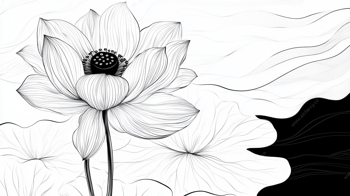 黑白线描莲花图