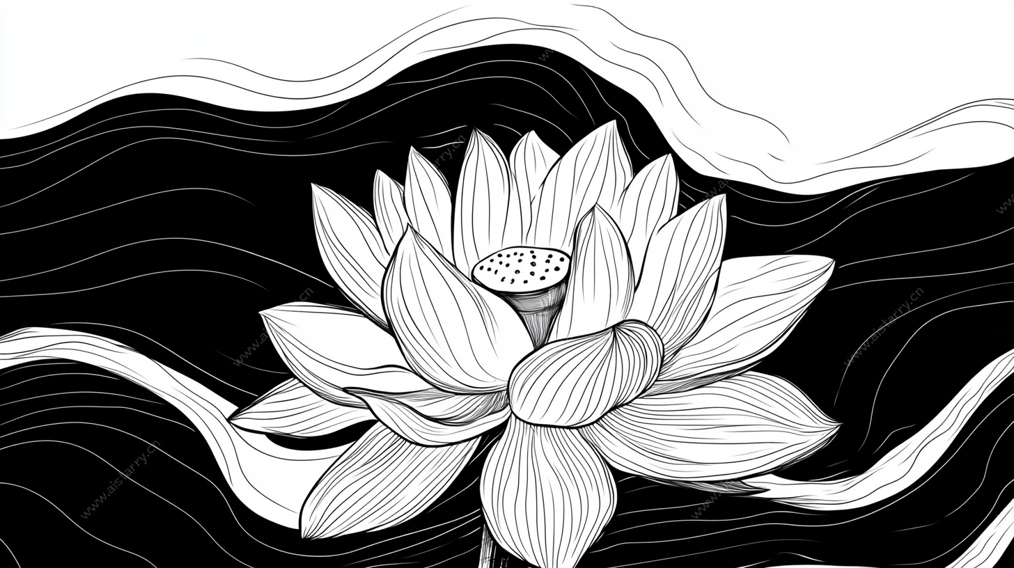 黑白线条莲花图