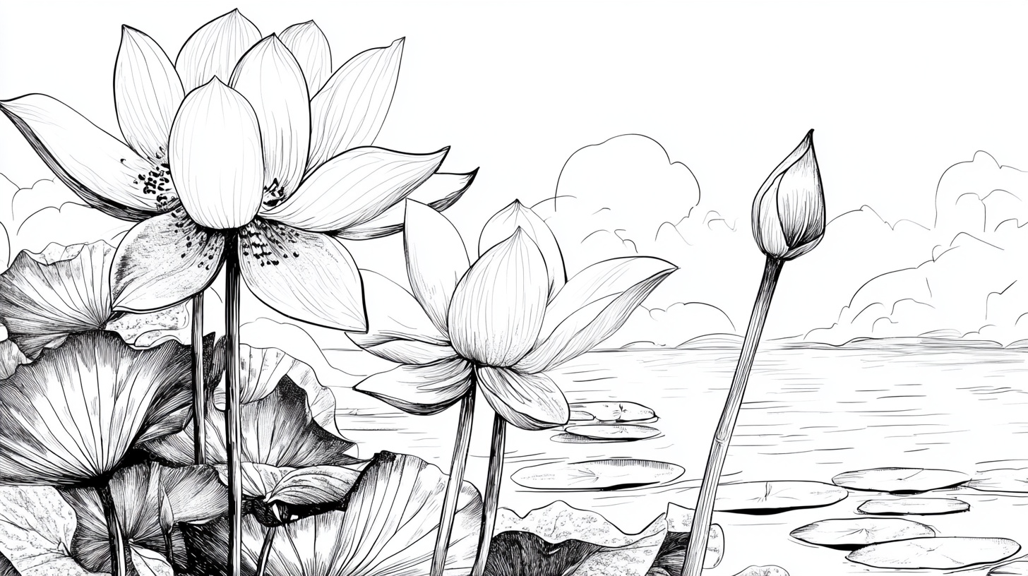 黑白线描荷花池图景