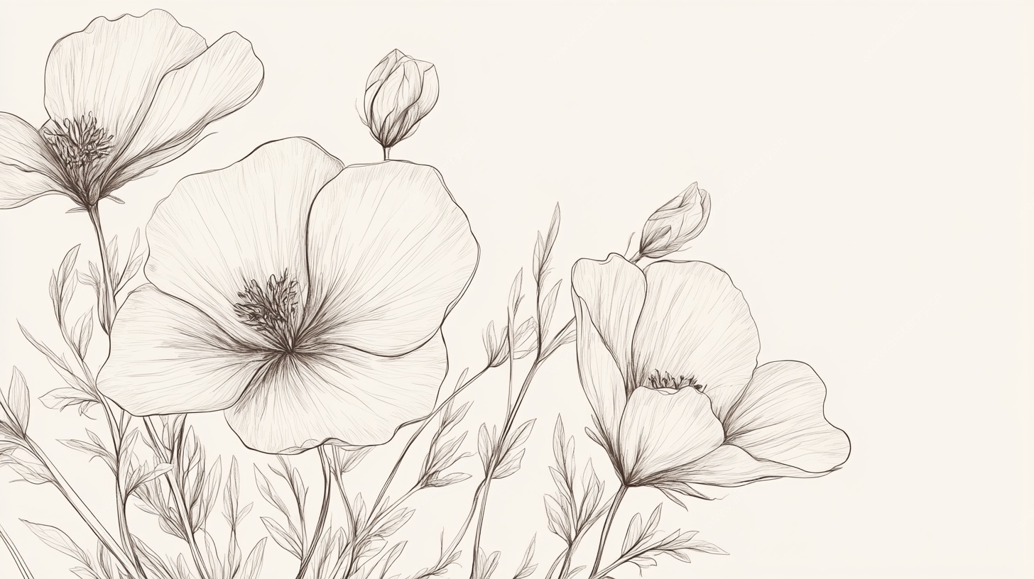 手绘罂粟花花卉线条插画