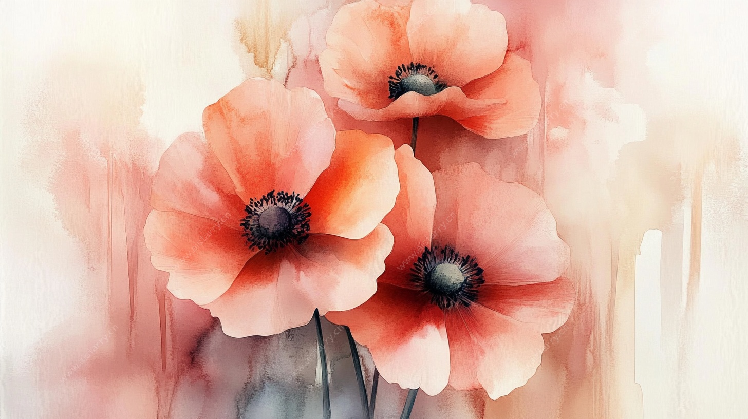 梦幻粉罂粟花卉插画