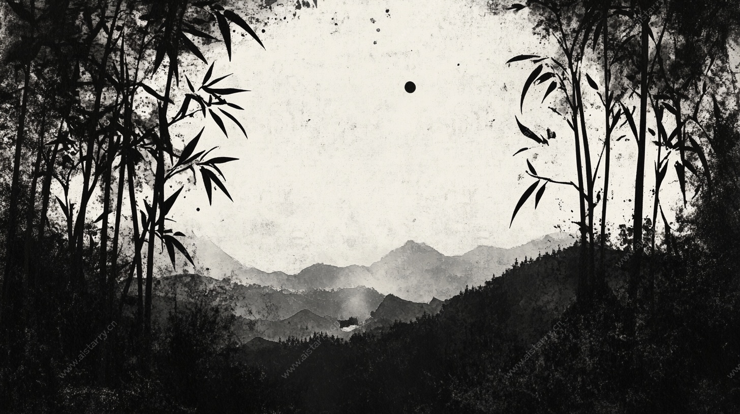 月夜竹林山水墨影图