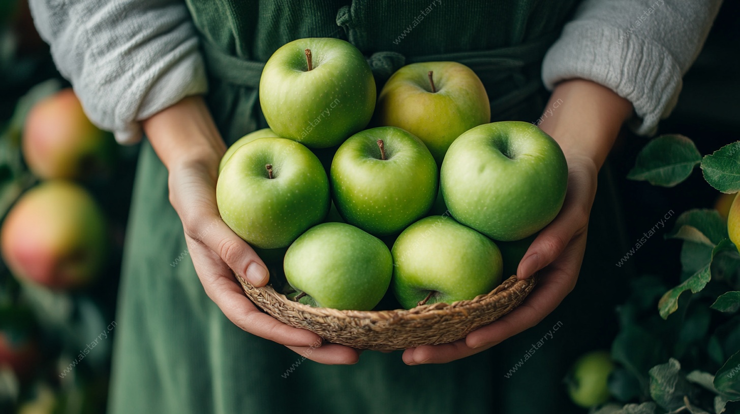 手捧青苹果的田园画面