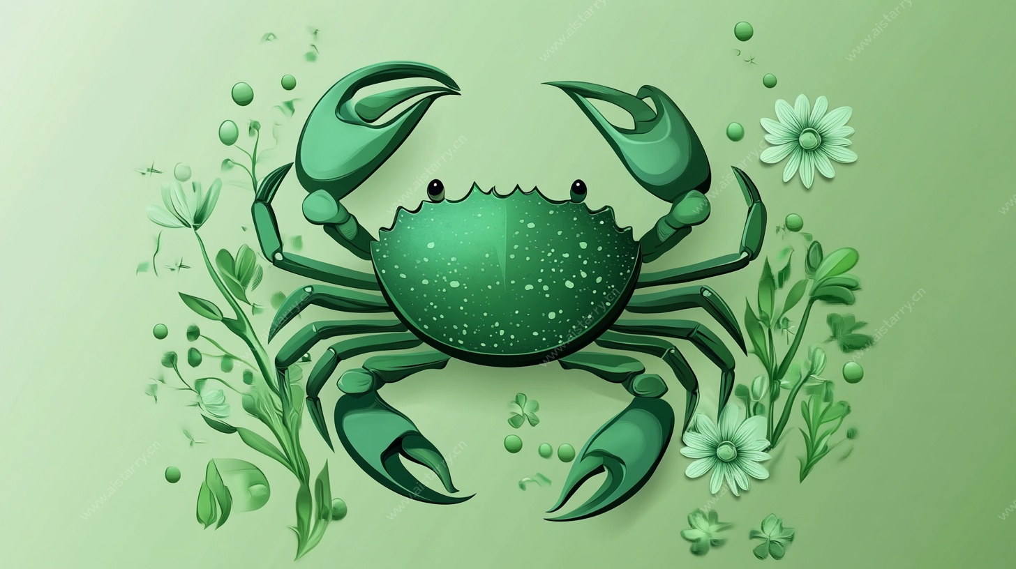 绿色卡通螃蟹花卉插画