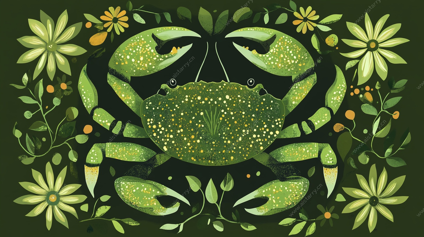 绿叶花丛中的螃蟹插画