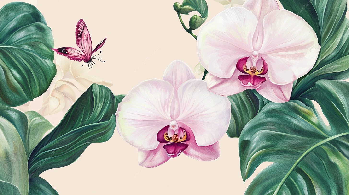 粉色蝴蝶兰花叶插画