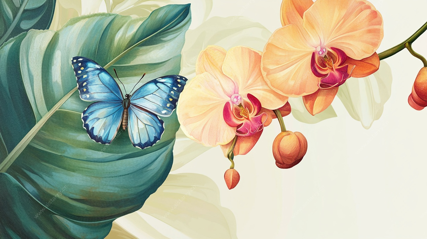 蝴蝶停驻兰花绿叶间