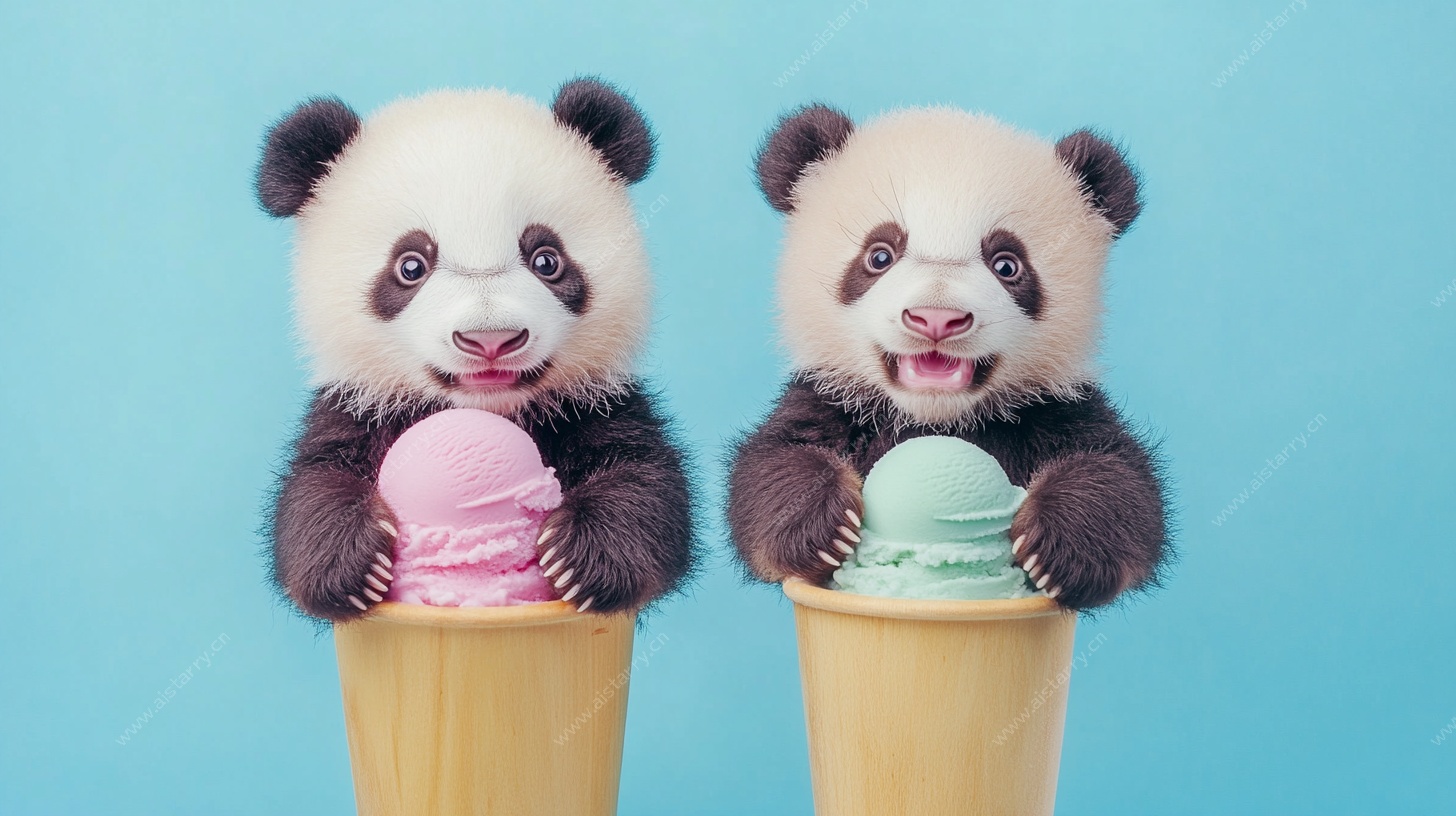 双熊猫吃冰淇淋萌趣瞬间