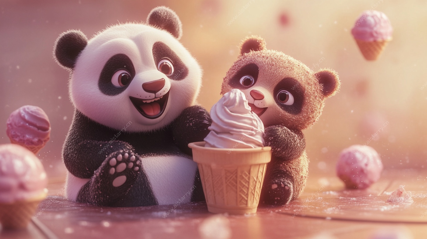 熊猫小熊共赏美味冰淇淋