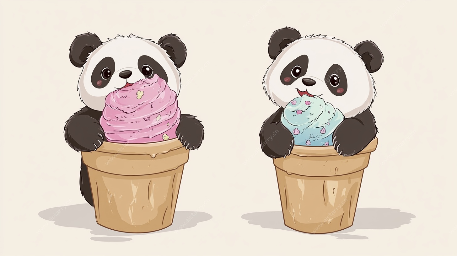 熊猫吃冰淇淋萌趣插画