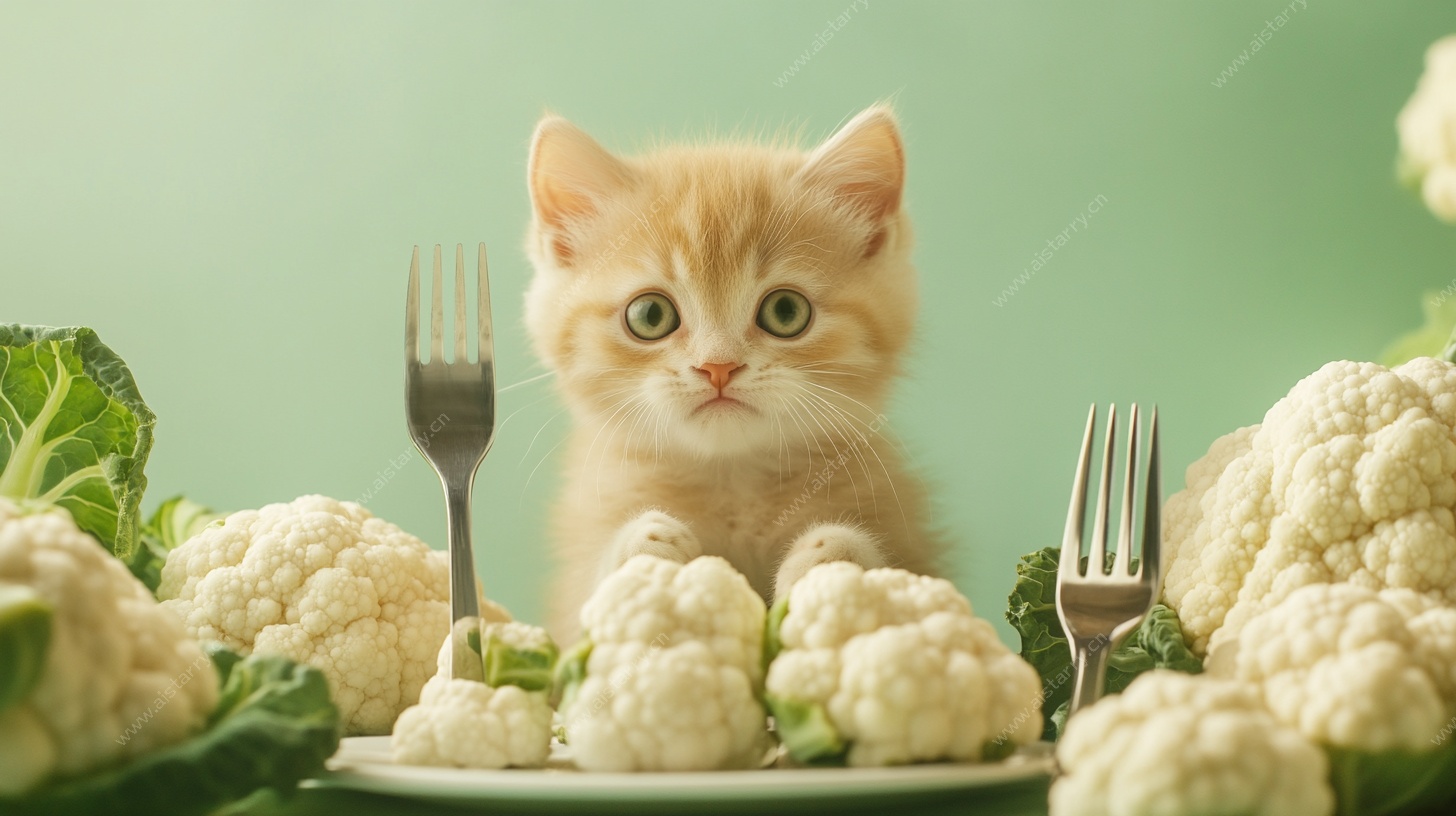 小猫置身花椰菜间萌态足