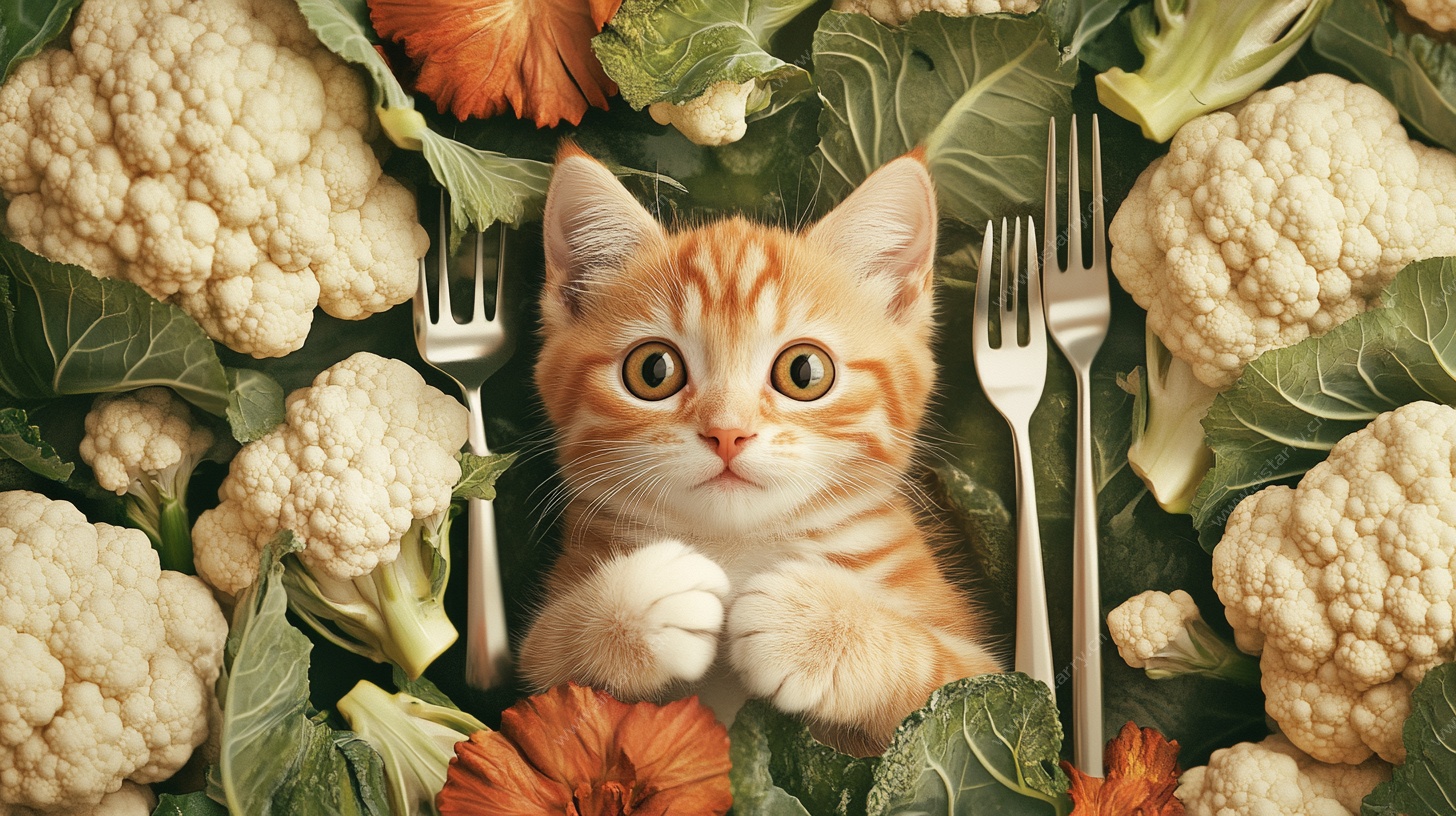 猫咪置身花椰菜蔬菜间