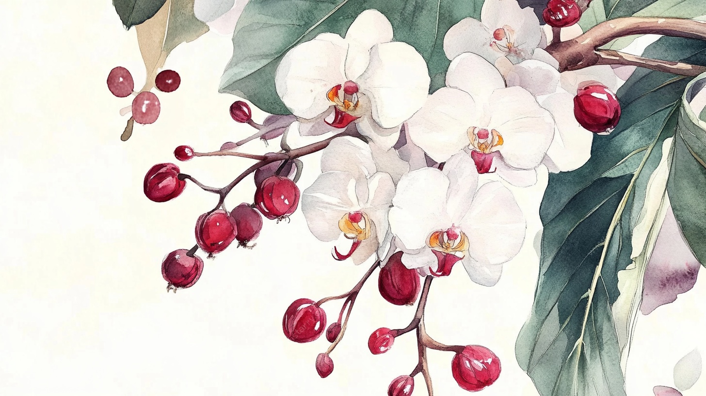 白蝶兰与红果的水彩画