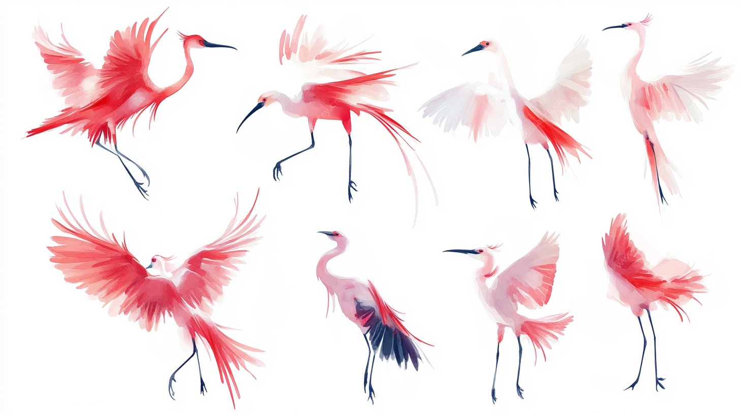 红羽仙鹤姿态各异插画