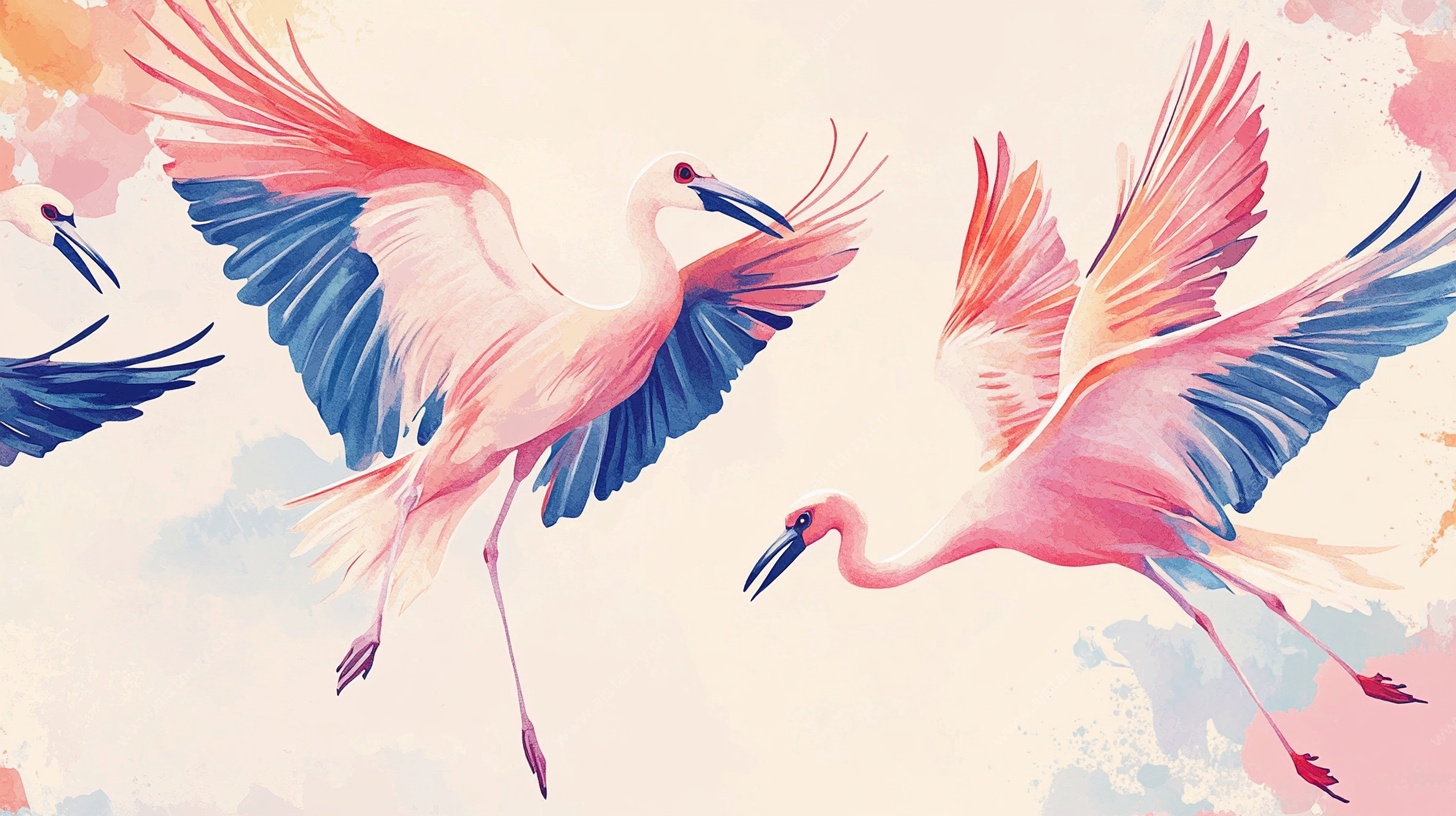 飞翔的火烈鸟梦幻水彩画