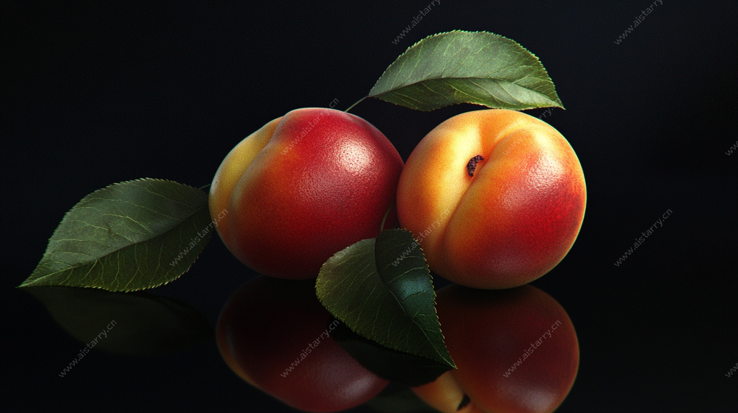 两个鲜桃带绿叶静物图