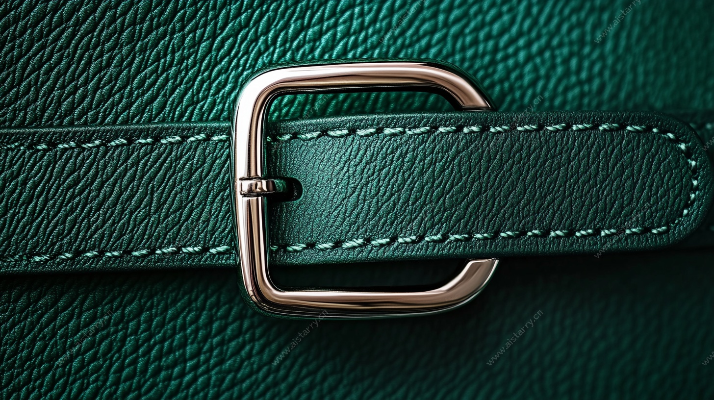 深绿皮革皮带金属扣特写