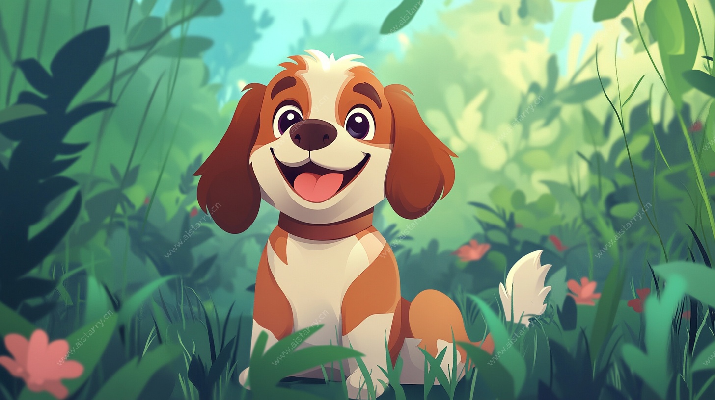 萌犬置身绿意盎然的丛林