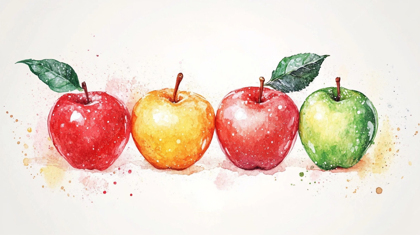 水彩绘四色苹果