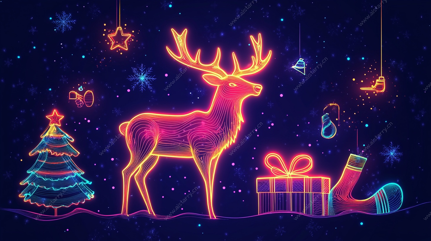霓虹圣诞夜驯鹿礼物场景