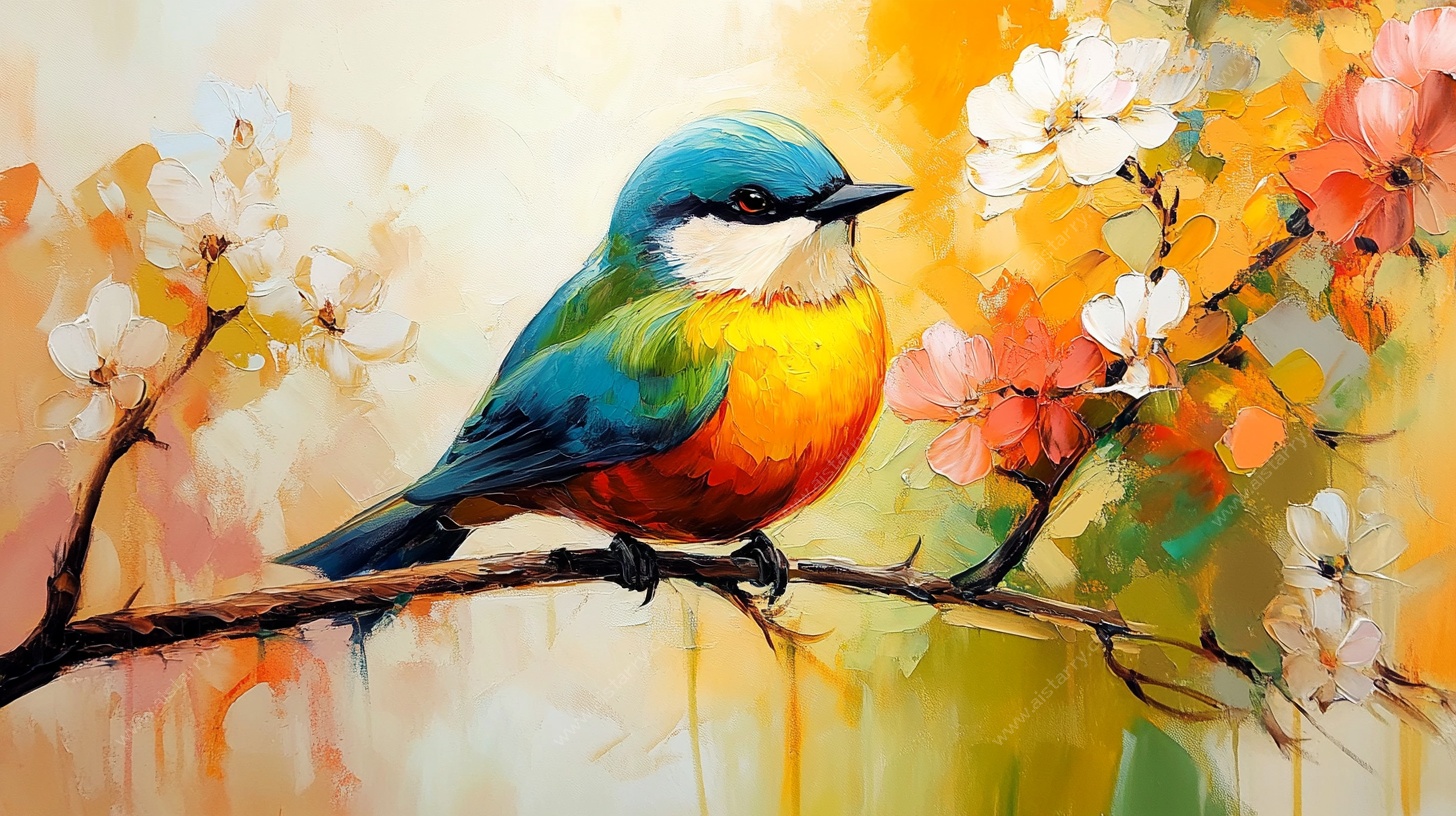 彩色小鸟栖于繁花枝头