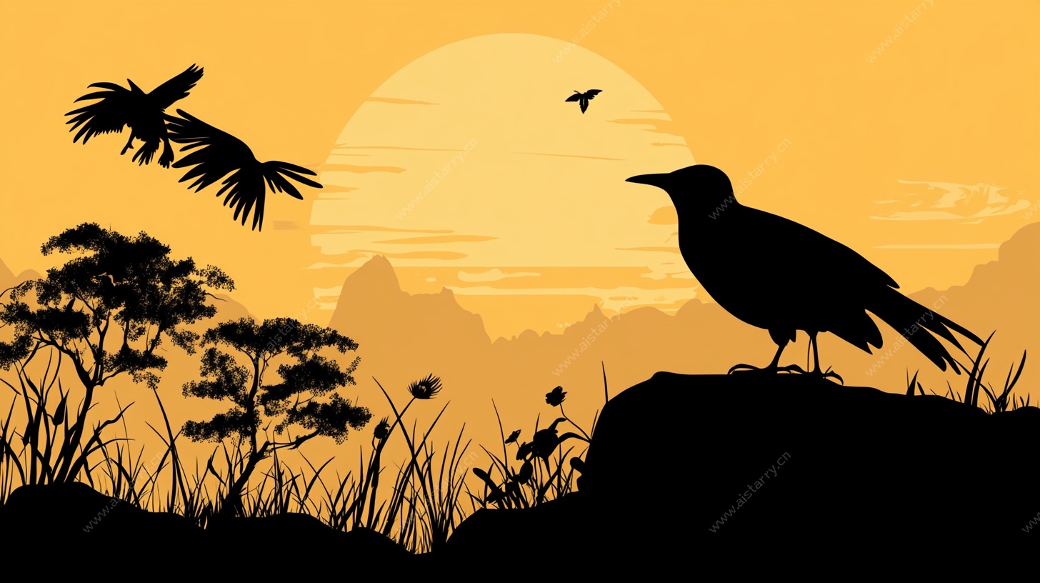 夕阳下的鸦影与自然景致
