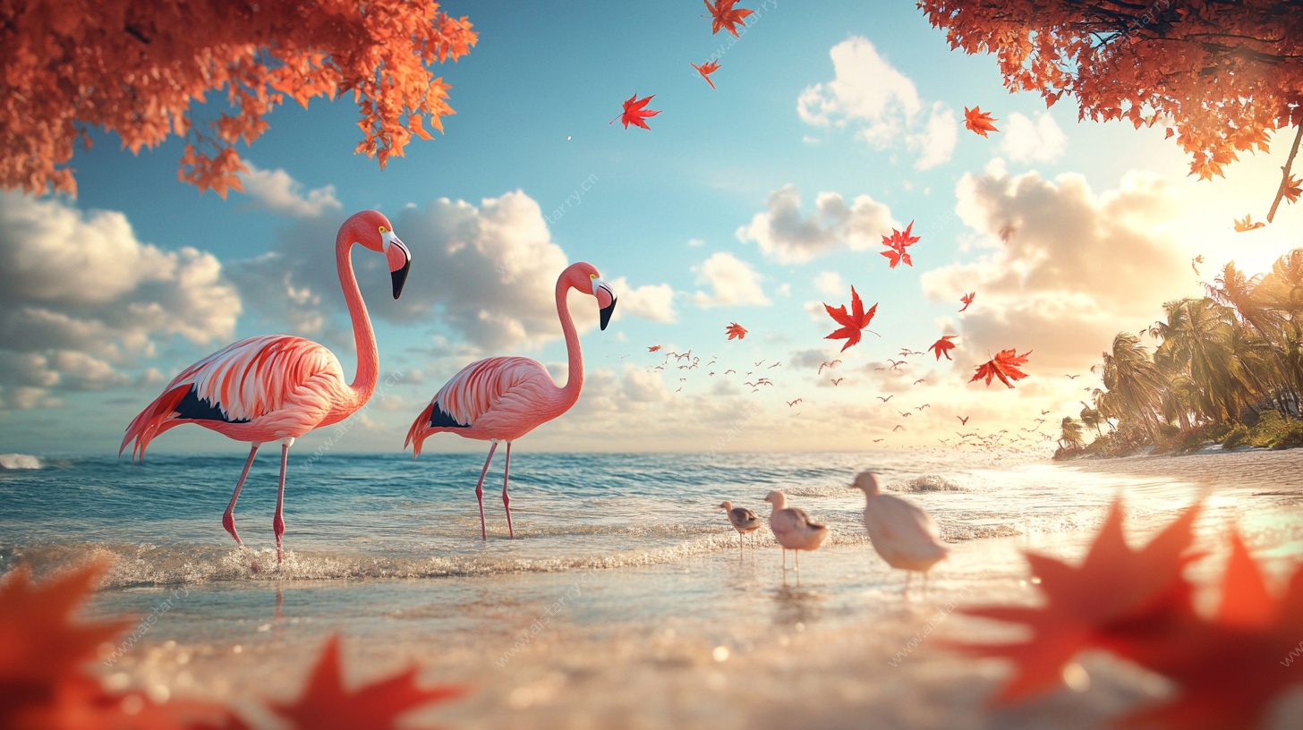 秋日海滩上的火烈鸟邂逅