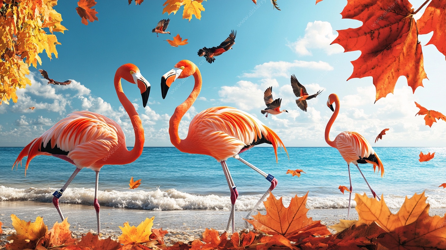 秋日海岸的火烈鸟之舞